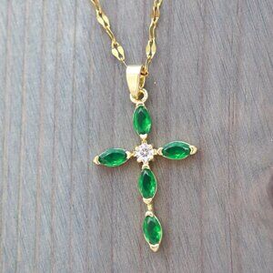 Cross Pendant with Green/Clear CZ Diamond Necklace 18k Gold Plated Stainless